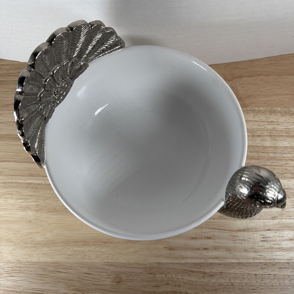 6.5" Turkey Serving Bowl Dish White Ceramic Pewter Thanksgiving Pier 1 Imports - Picture 2 of 8
